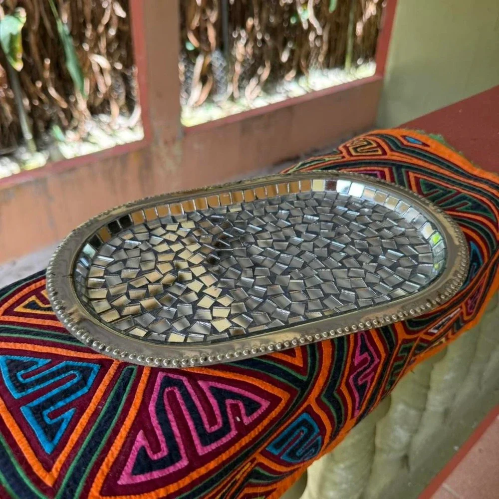 Oval Mirror Mosaic Tray Silver Tone Glass Metal Decor Serving‎ 11